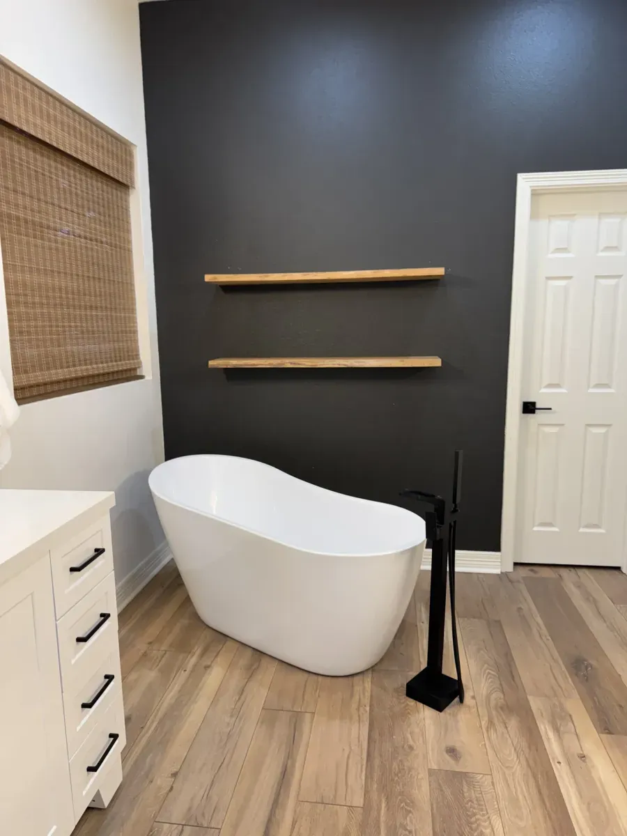 Freestanding bathtub in a completed bathroom remodel in San Antonio, TX