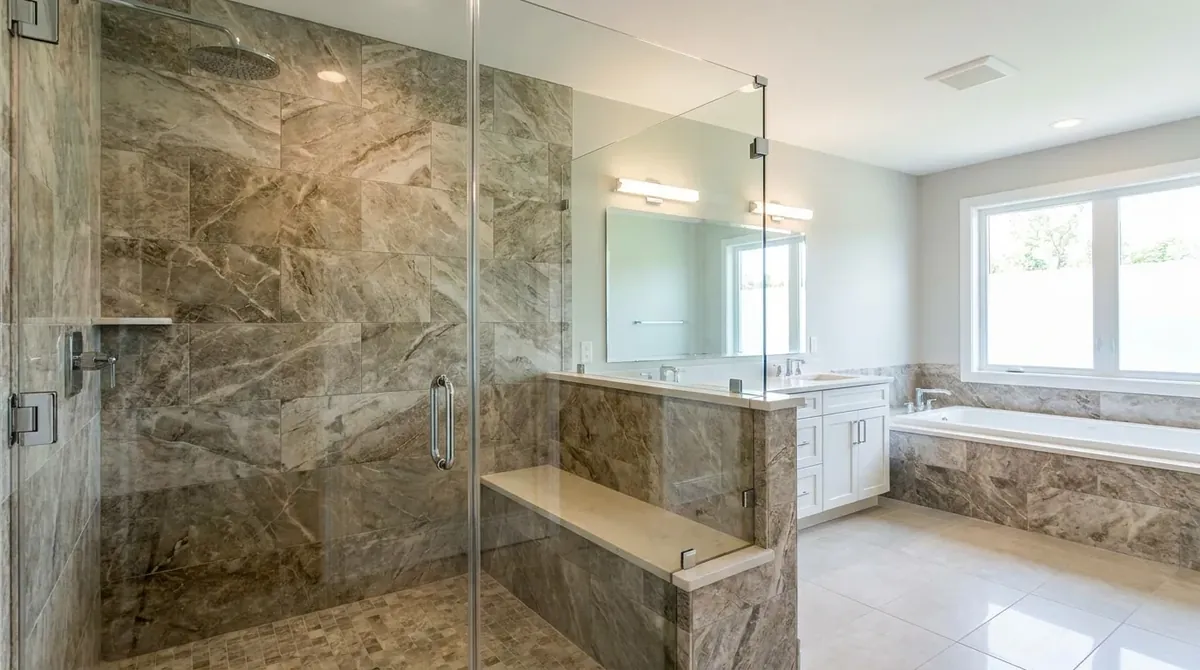 Builder-grade shower upgraded with natural stone tile, glass enclosure, and rain head