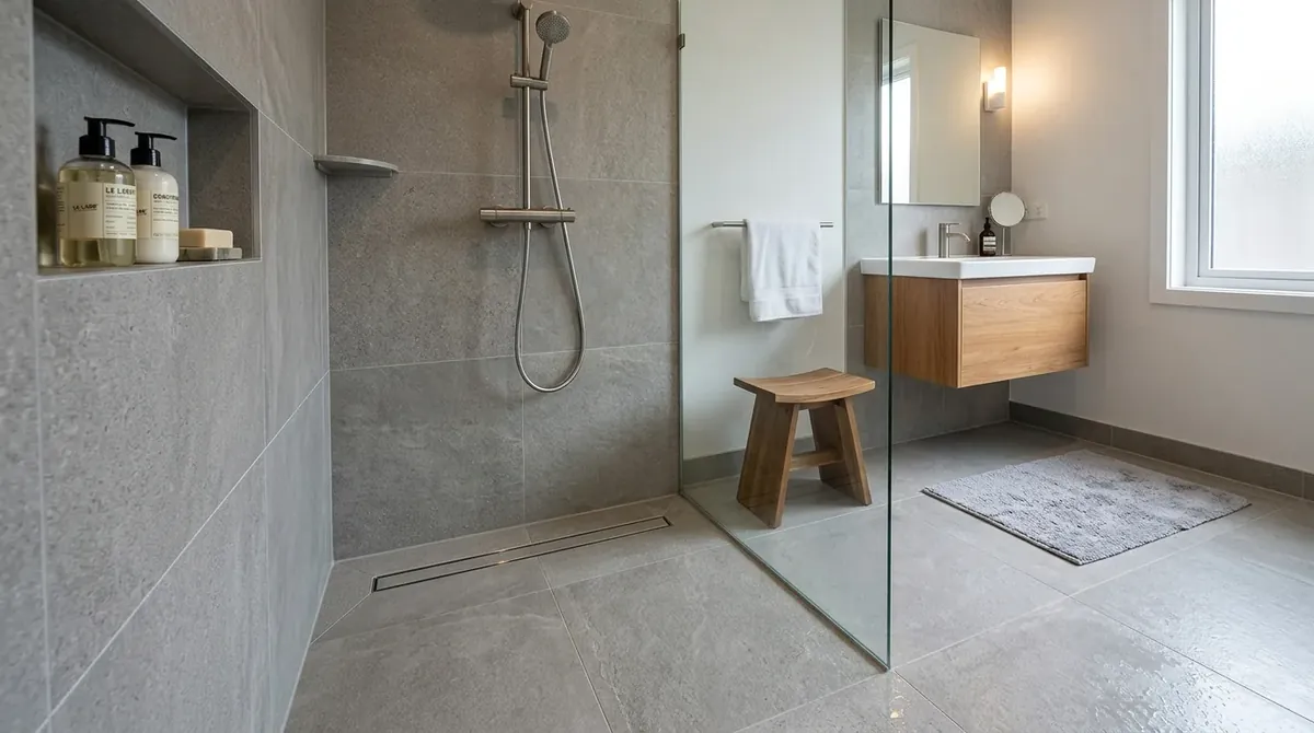 Curbless shower with flush floor transition, linear drain, and single glass panel