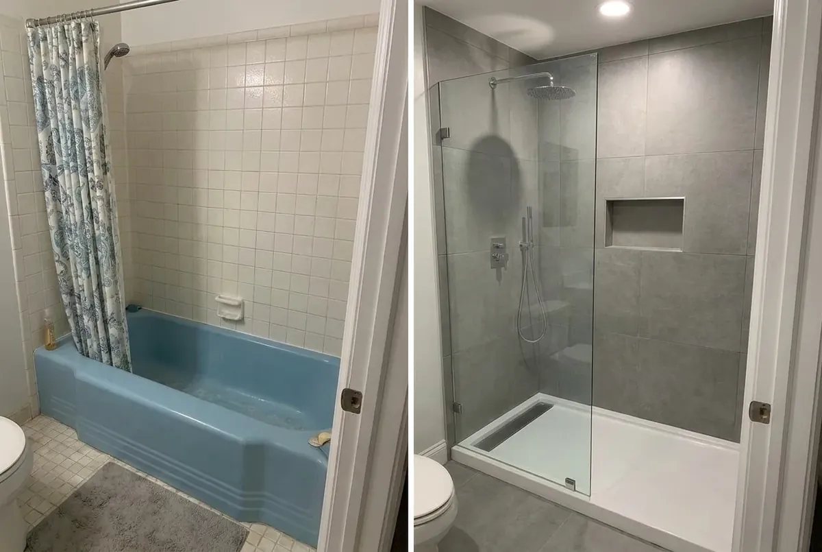 Tub-to-shower conversion showing before, during, and after stages