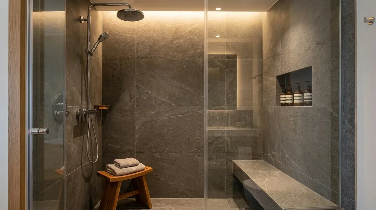 Walk-in shower with full frameless glass enclosure and rain head